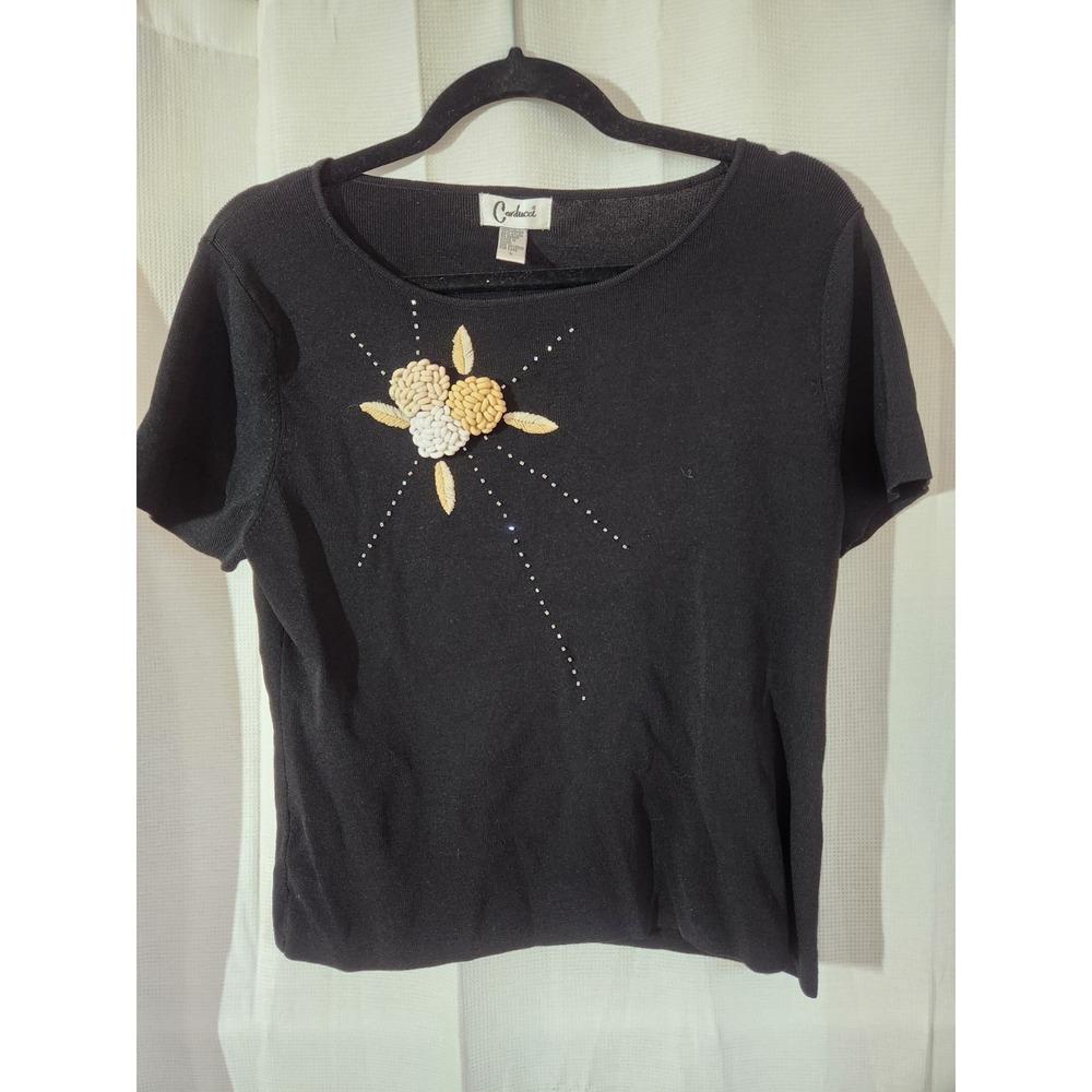 Custom Black Short-Sleeve Sweater with Floral Appliqué